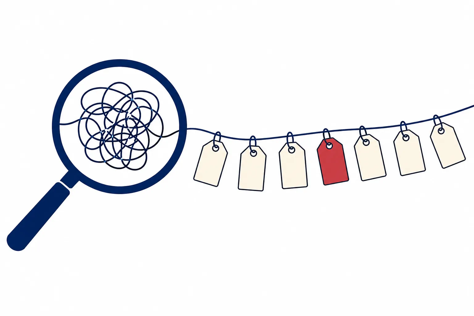 Magnifying glass over a tangled blue line and small paper tags, including one muted-red tag