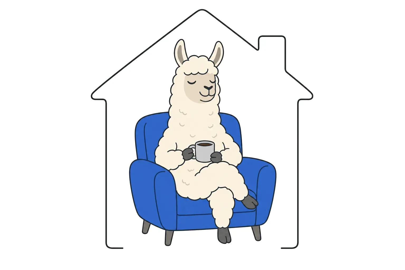 Flat illustration of a llama relaxing in a blue armchair with a coffee mug, inside a thin house outline