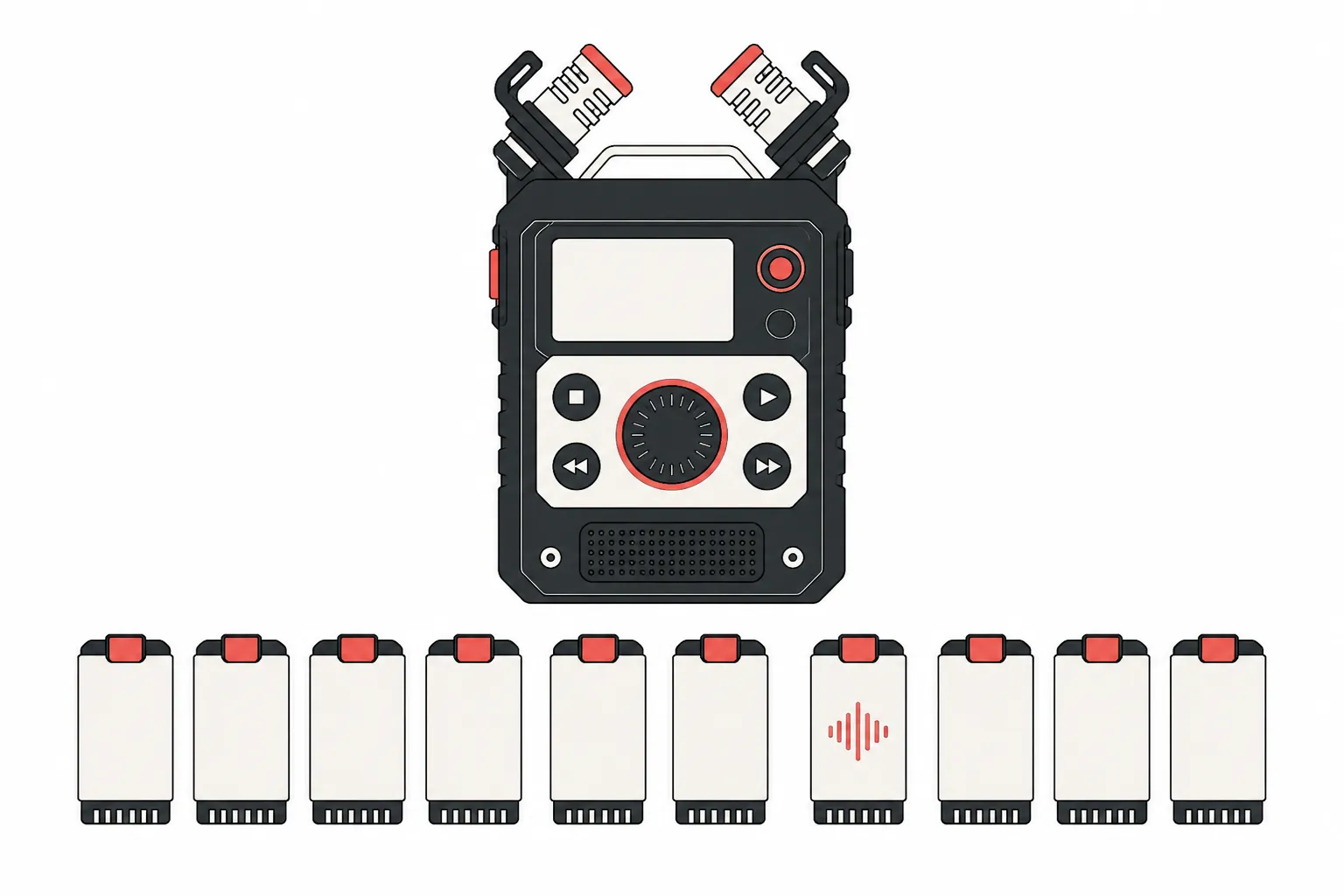 Flat illustration of a portable audio recorder with crossed microphones and ten blank plug-in voice cartridges or cards, one with a red waveform