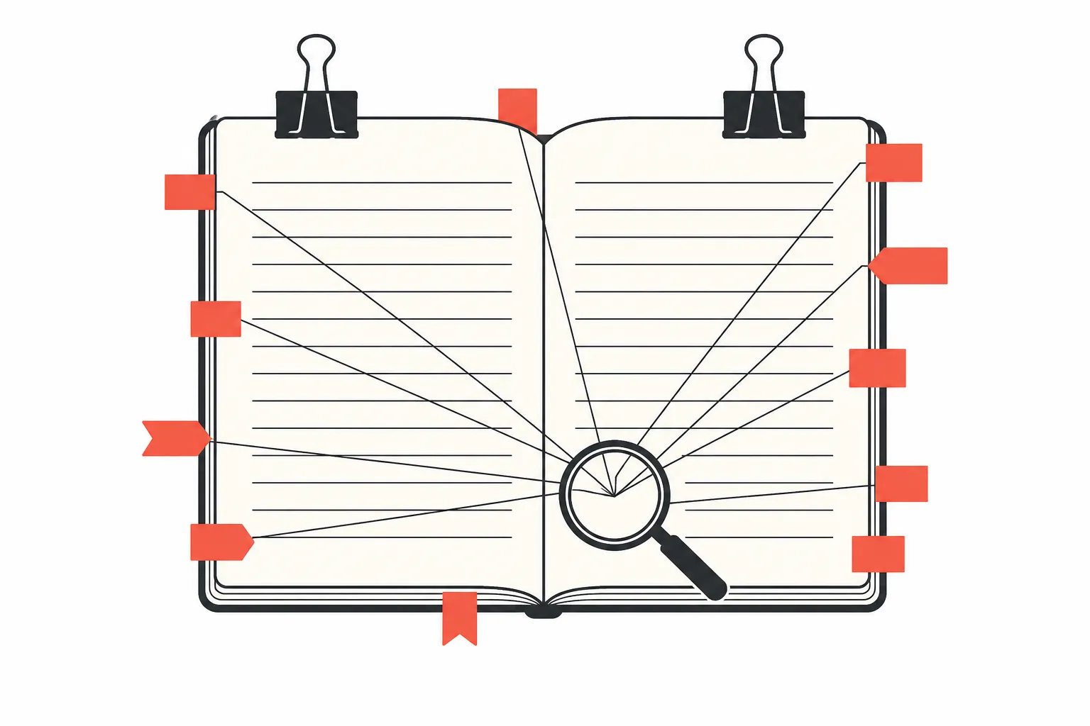 Flat illustration of an open binder-clipped notebook with coral source tabs, evidence lines, and a magnifying loupe