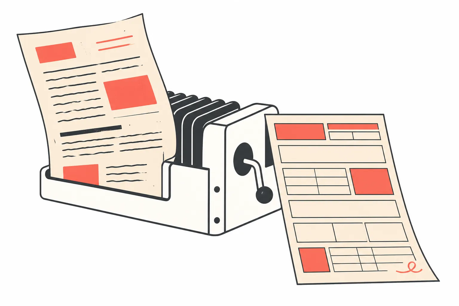 A scanned paper sheet passing through a card sorter and emerging as a text-free table grid with a handwritten curl