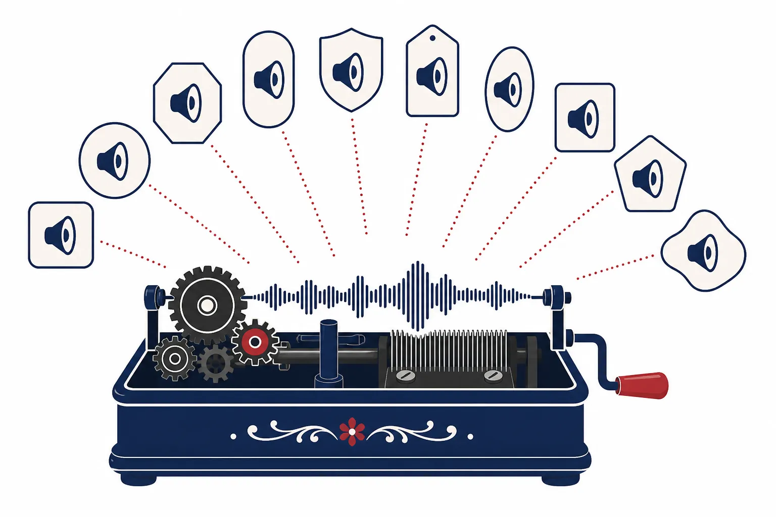 A waveform audio signal feeding into ten specialized voice synthesis cards and speaker output nodes