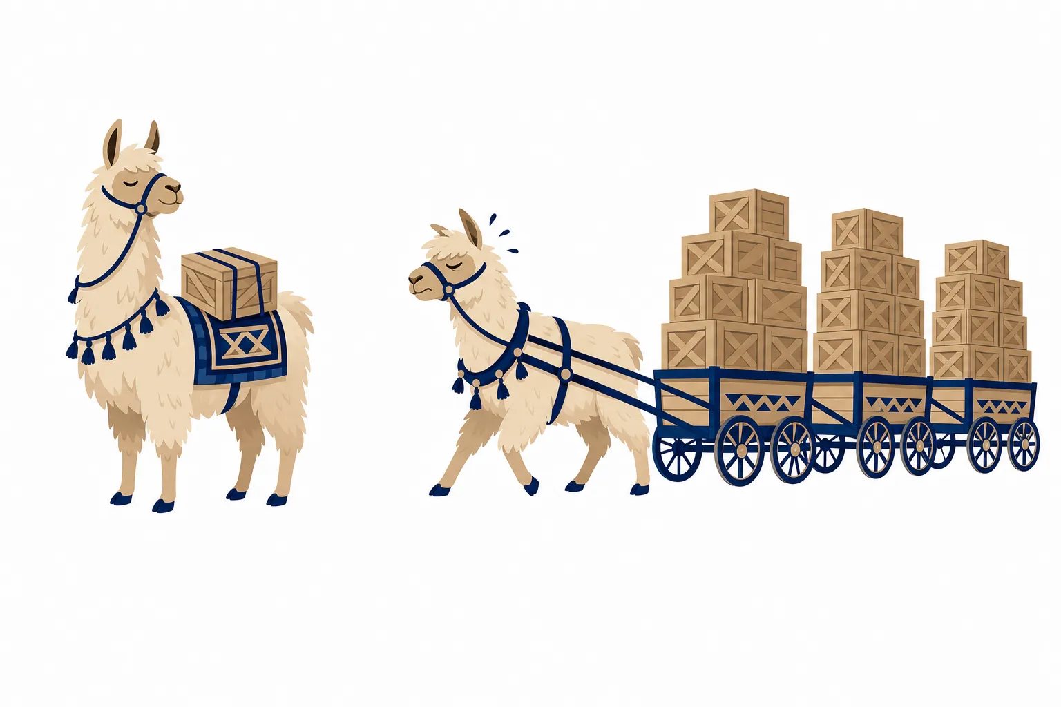 Flat illustration of one llama carrying a single small box while another llama pulls a wagon train stacked with many crates