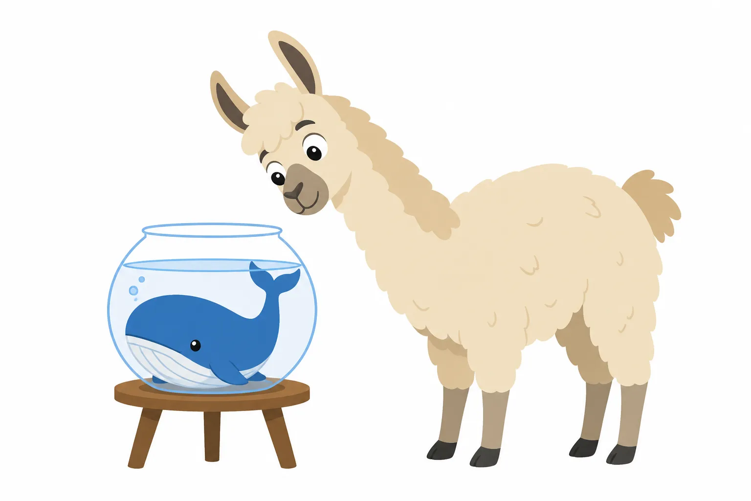 Flat illustration of a llama peering at a small fishbowl containing a tiny blue whale