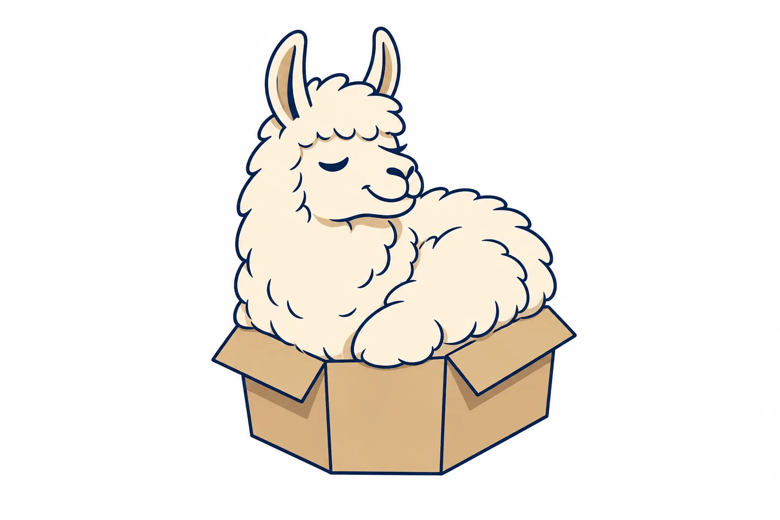 Flat illustration of a large fluffy llama dozing contentedly inside a cardboard box one size too small for it