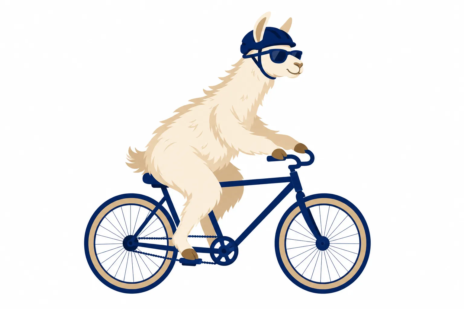Flat illustration of a llama in a navy helmet and sunglasses pedaling a bicycle at a steady pace