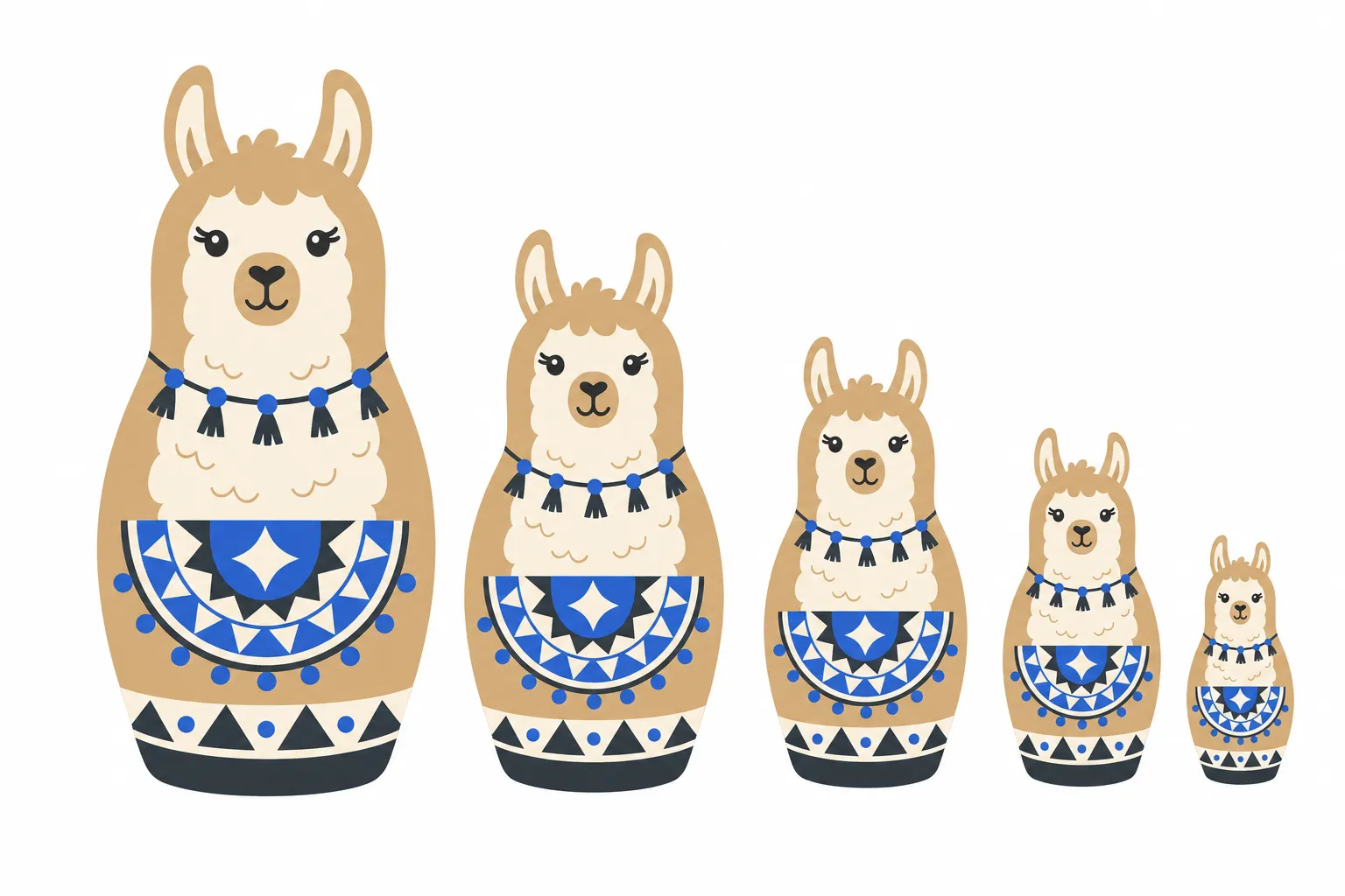 Flat illustration of five llama-shaped nesting dolls descending in size from large to tiny, each with a blue geometric saddle pattern