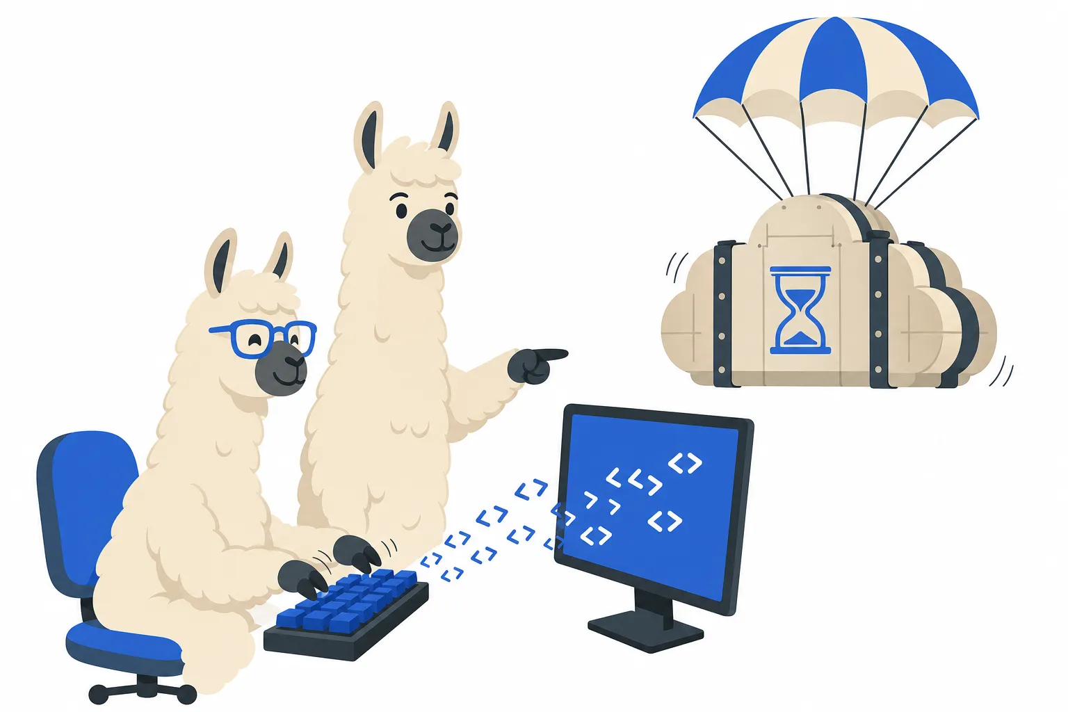 Flat illustration of two llamas pair programming: one typing on a keyboard, the other pointing at a monitor showing angle brackets