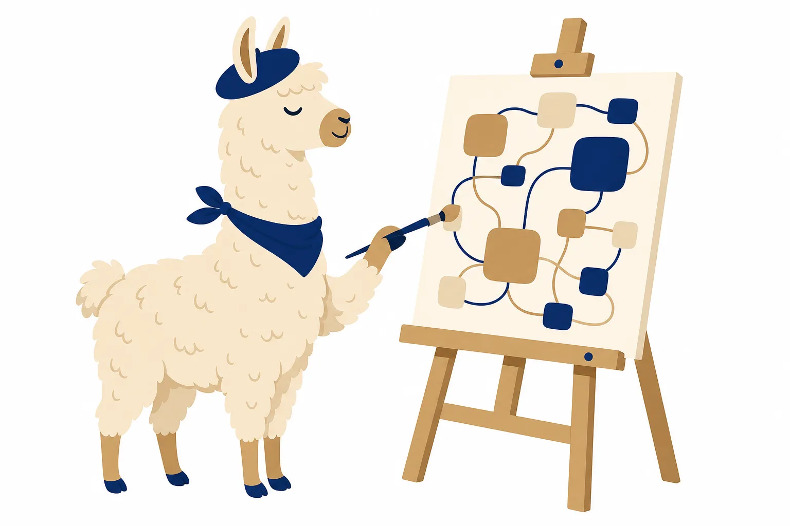 Flat illustration of a llama in a beret and scarf painting at an easel, where the canvas shows an abstract diagram of connected nodes and wires