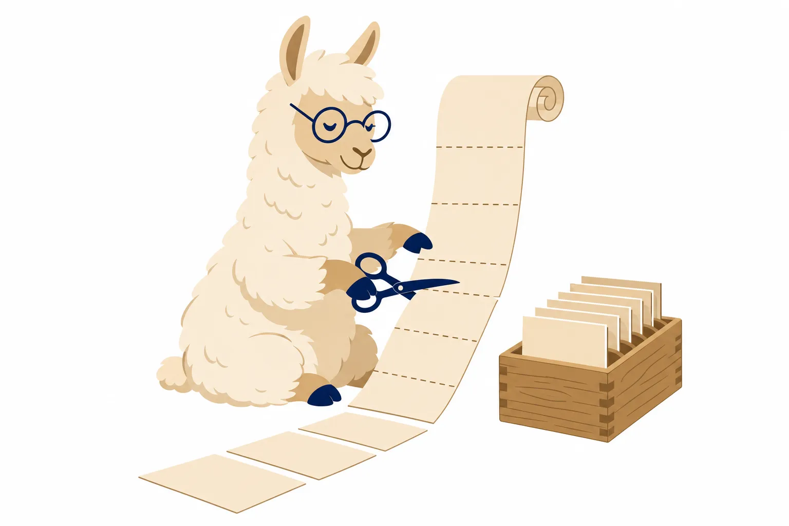 Flat illustration of a llama with scissors cutting a long paper scroll into neat pieces and filing them into a small card-index box