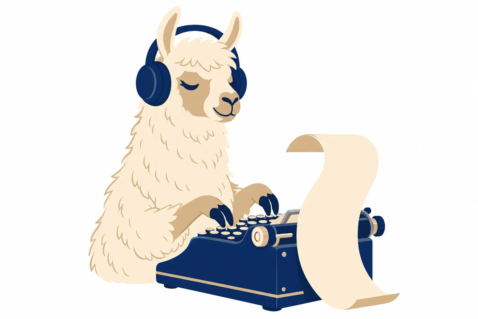 Flat illustration of a llama stenographer wearing large headphones, typing on a vintage typewriter with a sheet of paper curling out