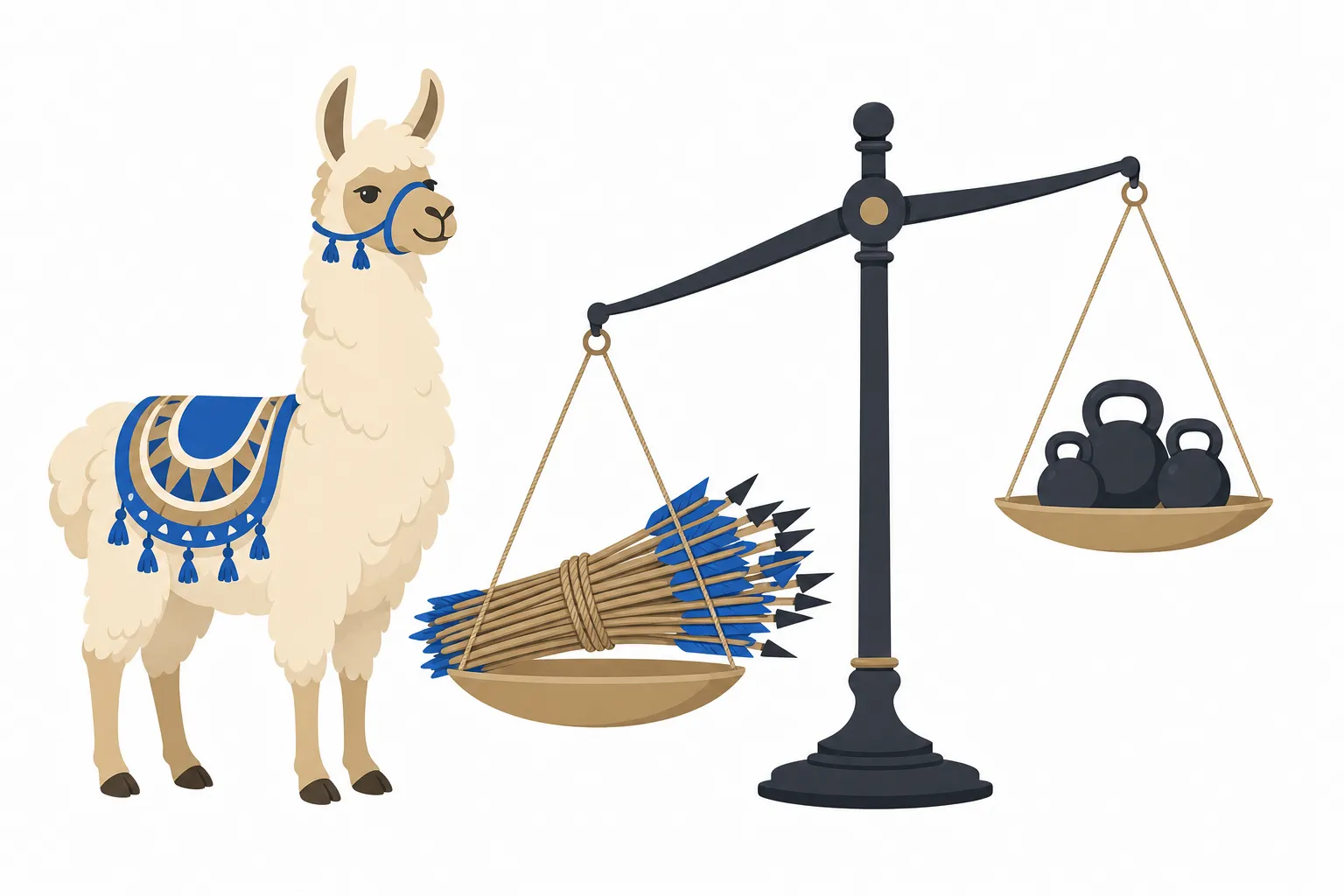 Flat illustration of a llama weighing a large bundle of arrows on a two-pan balance scale against a few small iron weights
